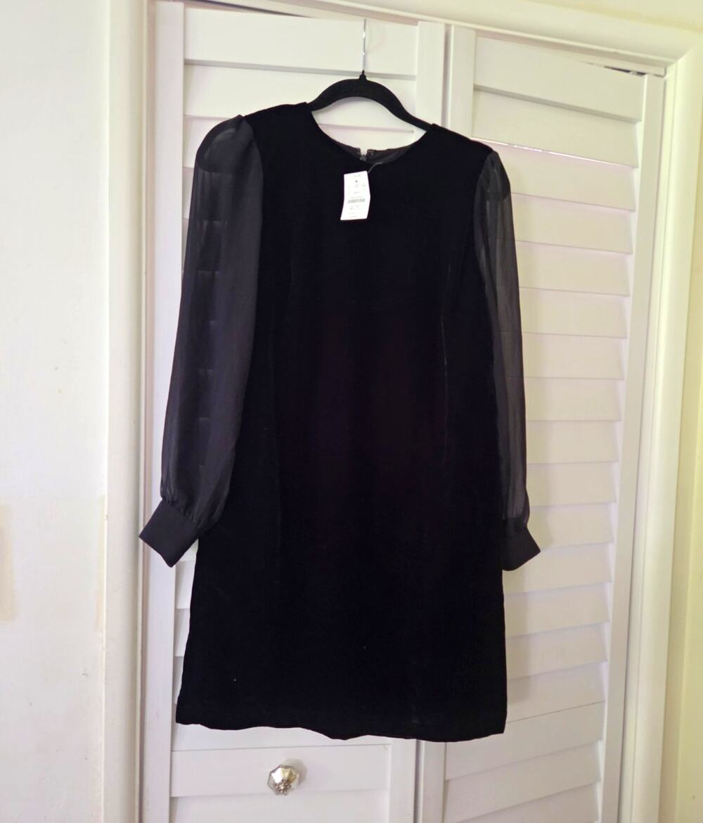 J.CREW Women’s Black Velvet Shift Dress Sheer Long Sleeve Round Neck Zip, 2